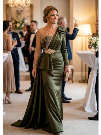 Elegant Olive Green Satin Long Sleeves Formal Mother of the Groom Dress with Belt, SFM018