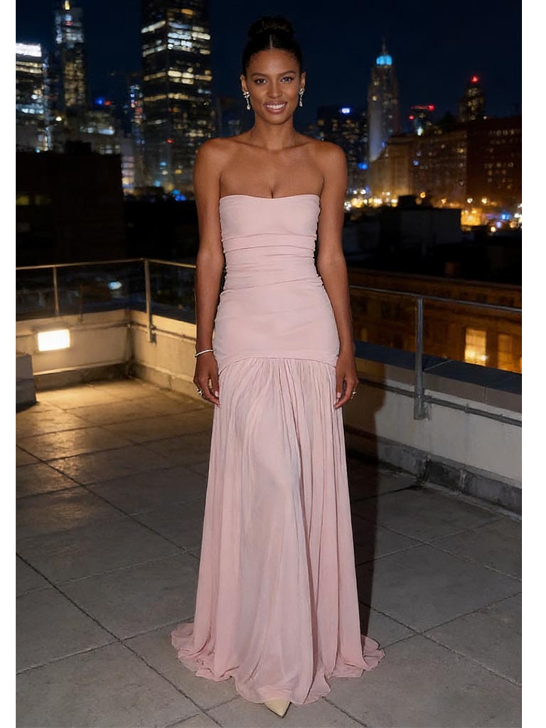 blush pink flowy dress Blush Pink Cold Shoulder A-Line Long Bridesmaid Dress with Detachable Sleeves