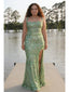 Sexy Mint Green Sequin Floral Embellished Side Slit Mermaid Prom Dress, PD4185