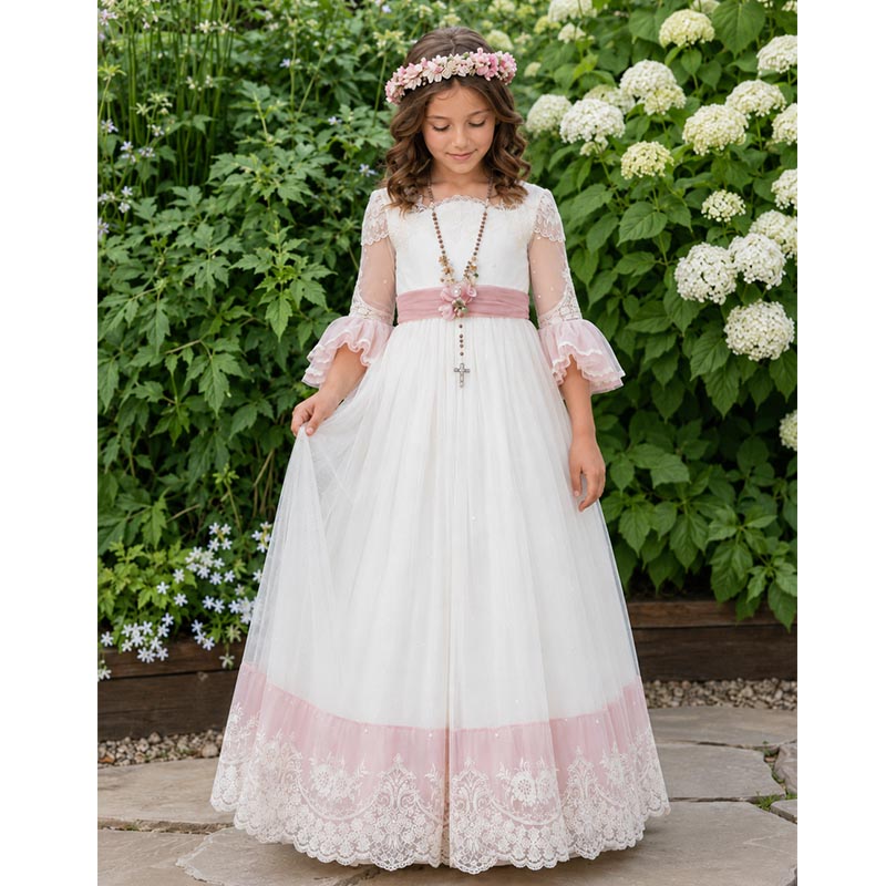 Vintage White and Pink Lace First Communion A-Line Flower Girl Dresses, FG1473