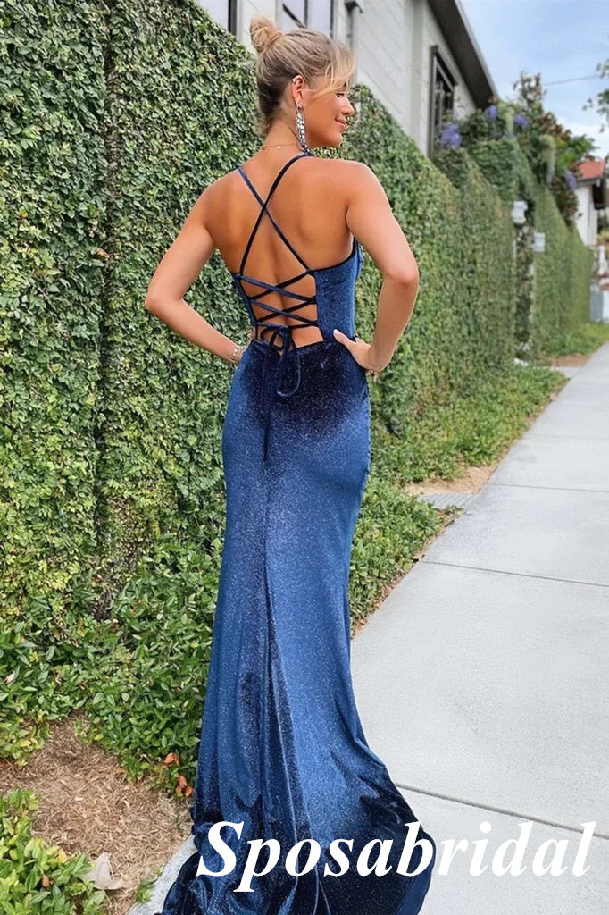 Sexy Dark-Navy Spaghetti Straps V-Neck Mermaid Long Prom Dresses, PD3831