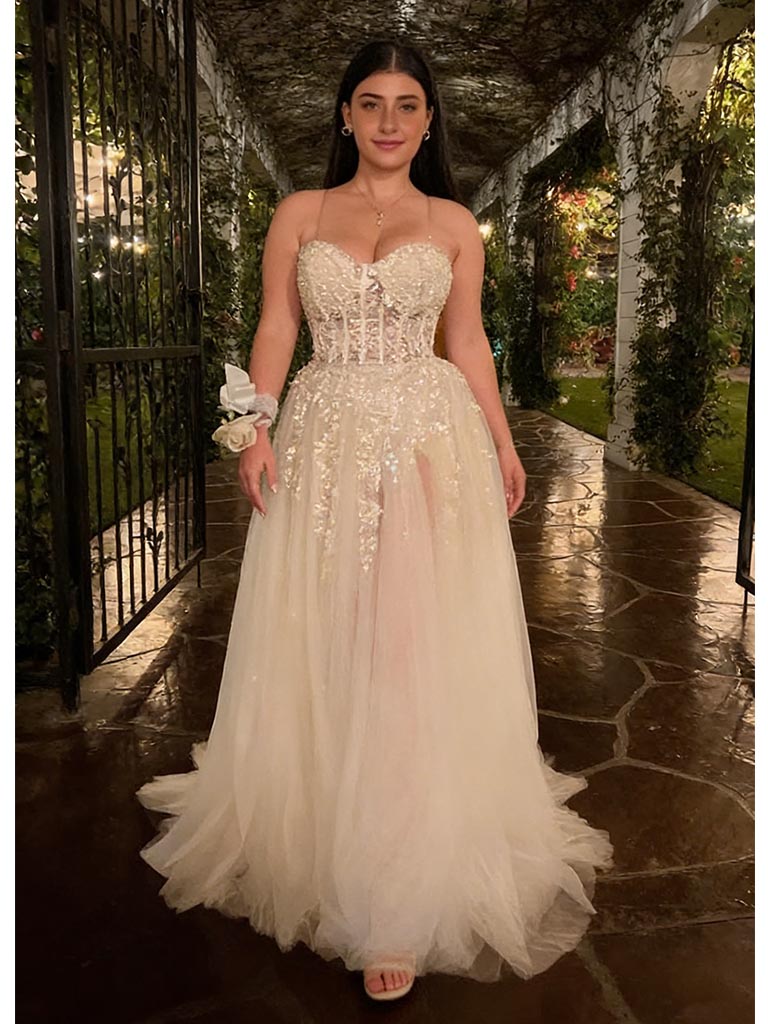 Champagne Sequin Beaded Corset Prom Dress Tulle Skirt Spaghetti Strap – SposaBridal