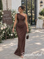 Luxury Brown Chiffon One Shoulder Bridesmaid Dress With Corset Bodice Draped Skirt, BD3479