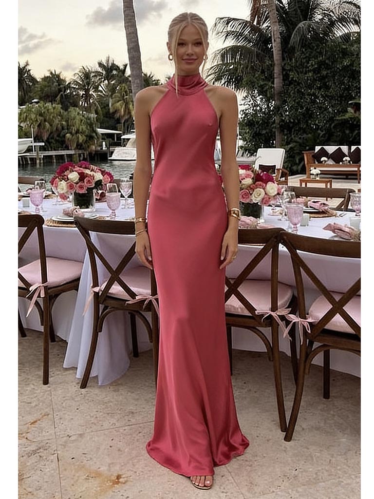 Coral Halter Backless Satin Mermaid Prom Dress