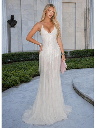 Sparkly White Sequin Mermaid Backless Wedding Dress Bridal Gown, WD3115