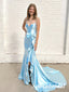 Sexy Elastic Satin Spaghetti Straps V-Neck Sleeveless Side Slit Mermaid Long Prom Dresses, PD3898