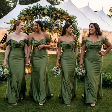 Elegant Olive Green Satin Off The Shoulder Mermaid Bridesmaid Dress for Wedding Party, BD3469