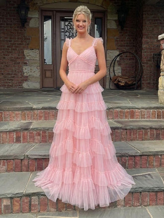 Romantic Pink Tiered Tulle Ruffle V-Neck Spaghetti Strap Long Formal Gown for Graduation, PD4217