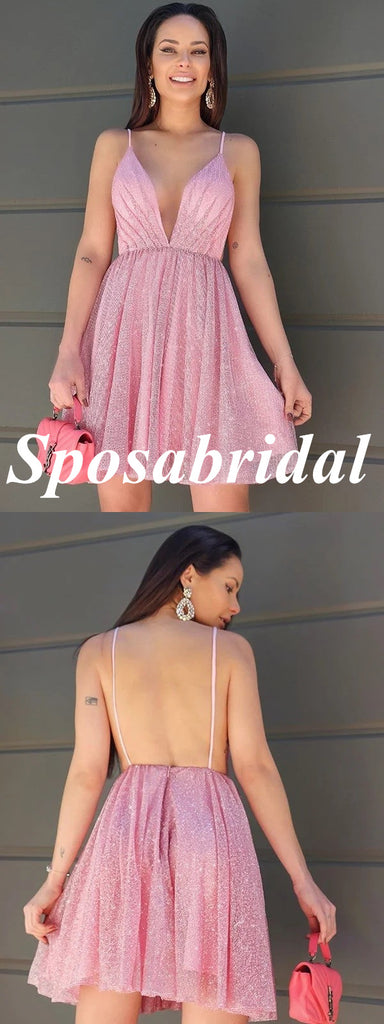 Sexy Tulle Spaghetti Straps V-Neck Backless A-Line Mini Dresses/ Homecoming Dresses, PD3576
