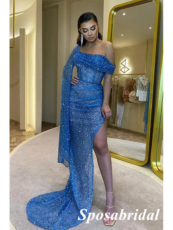 Sparkly One Sleeve Side Slit Mermaid Long Prom Dresses, PD3805 SposaBridal Sparkly One Sleeve Side Slit Mermaid Long Prom Dresses, PD3805 SposaBridal