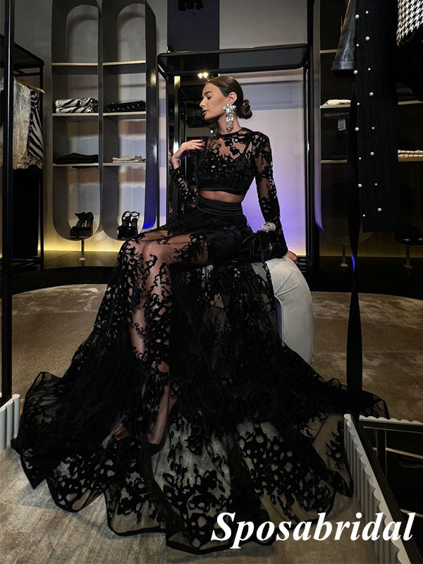 Elegant Black Lace Two Pieces Long Sleeves A-Line Long Prom Dresses, PD3796