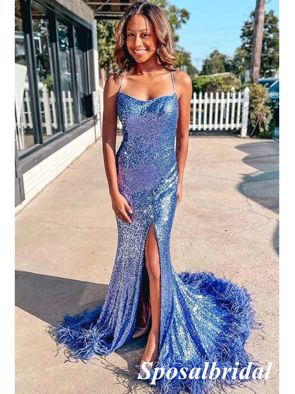 Sexy Sequin Spaghetti Straps Sleeveless Lace Up Back Side Slit Mermaid Long Prom Dresses, PD3731