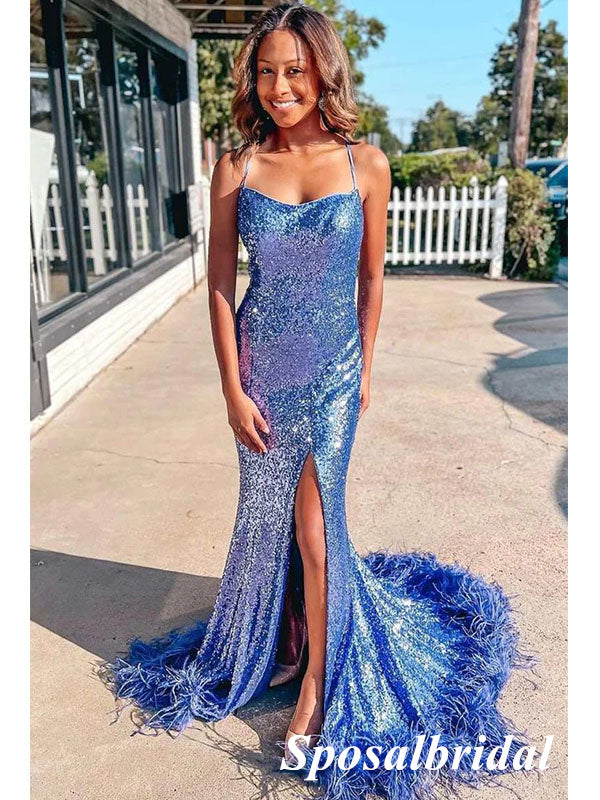 Sexy Sequin Spaghetti Straps Sleeveless Lace Up Back Side Slit Mermaid SposaBridal Sexy Sequin Spaghetti Straps Sleeveless Lace Up Back Side Slit Mermaid SposaBridal