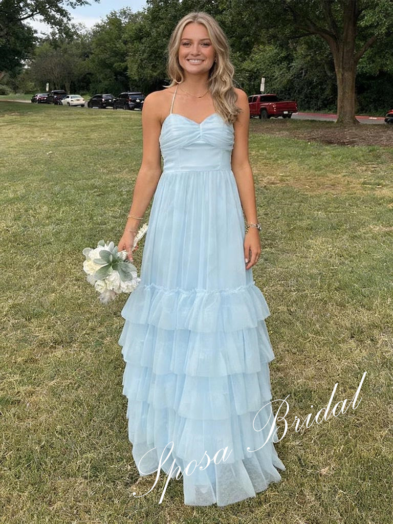 cross strap ruffle floor length dress Howaii Print Chiffon Formal Dress Ruffled Layers Prom Gown Criss-Cross Straps Prom Dress ARD3095