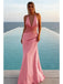 Elegant Pink Soft Satin Sheer Lace Waist Criss Cross Mermaid Maxi Dress for Prom & Formal Event, PD4176