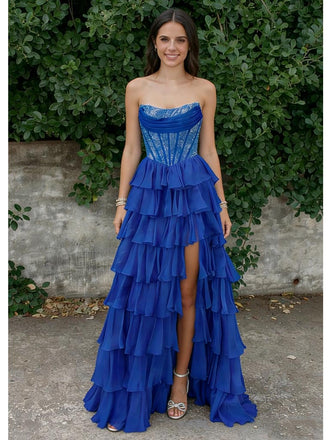 Royal Blue Strapless Beaded Tiered Ruffle Gown with High Slit for Prom & Formal Events, PD4153