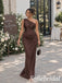 Luxury Brown Chiffon One Shoulder Bridesmaid Dress With Corset Bodice Draped Skirt, BD3479