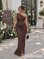 Luxury Brown Chiffon One Shoulder Bridesmaid Dress With Corset Bodice Draped Skirt, BD3479