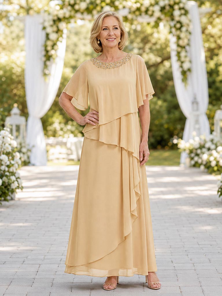 Beaded Neckline Champagne Chiffon Long Mother of the Bride Dress, SFM019