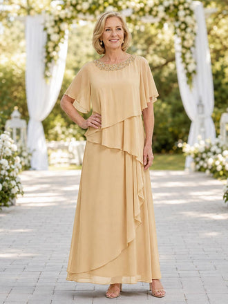 Beaded Neckline Champagne Chiffon Long Mother of the Bride Dress, SFM019