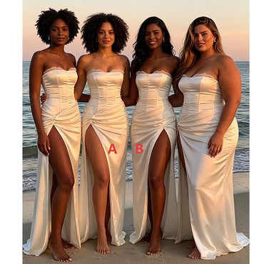 Cream Satin Corset Bridesmaid Dress with Lace Trim & High Slit - Beach Wedding, BD3460