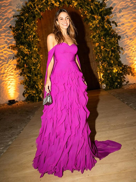 Flowy Fuchsia Off Shoulder Ruffle Chiffon Formal Evening Gown for Wedd –  SposaBridal
