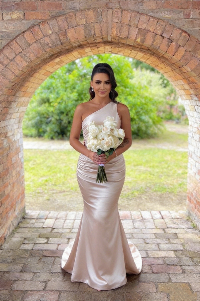 Shiny One Shoulder Soft Satin Sleeveless Floor-Length Mermaid Maxi Mermaid Bridesmaid Dresses, BD3409