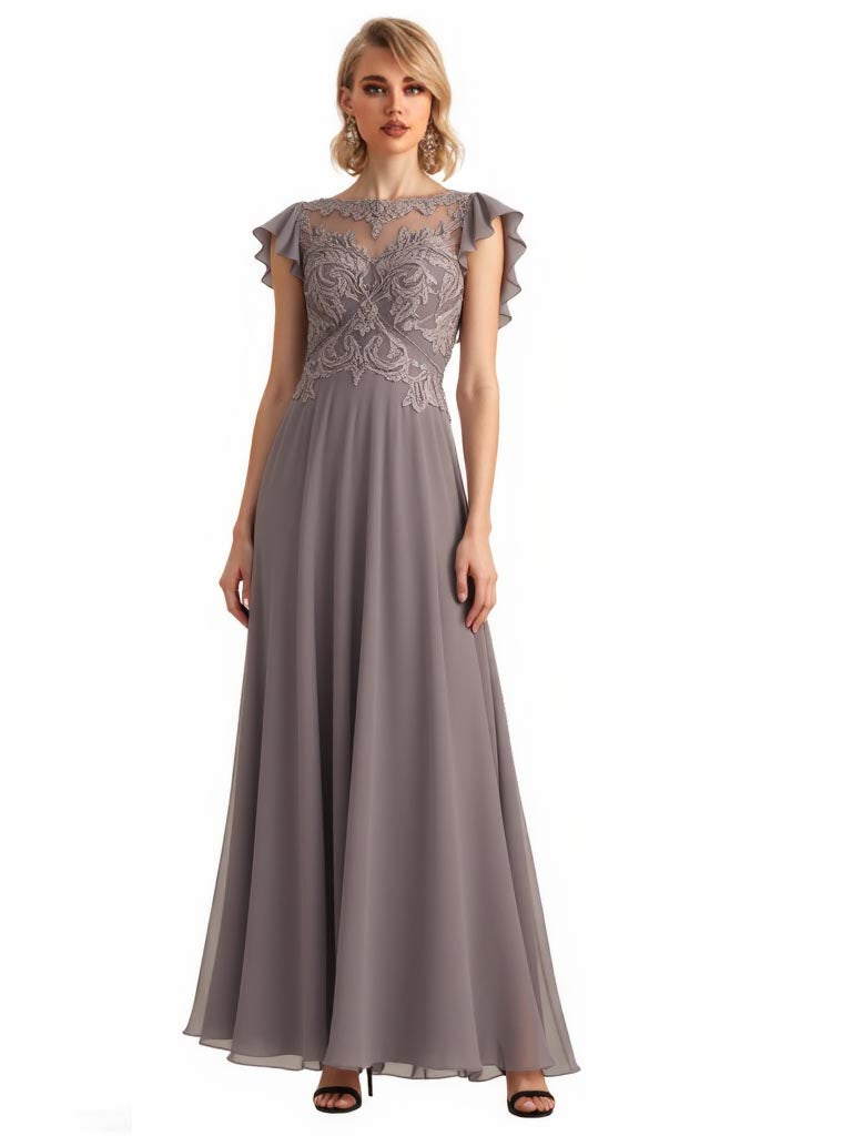 Elegant Chiffon Flutter Sleeves Floor-Length A-Line Maxi Mother Of The Bride Dresses, SFM002