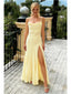 Stunning Butter Yellow Soft Satin Spaghetti Straps Mermaid Prom Dress with High Slit for Formal Events & Weddings, PD4198