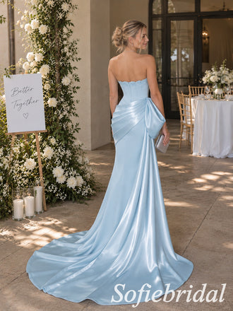 Elegant Sky Blue Satin Strapless Bridesmaid Gown With Beaded Bust And Draped Side Bow, PD4290