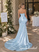 Elegant Sky Blue Satin Strapless Bridesmaid Gown With Beaded Bust And Draped Side Bow, PD4290