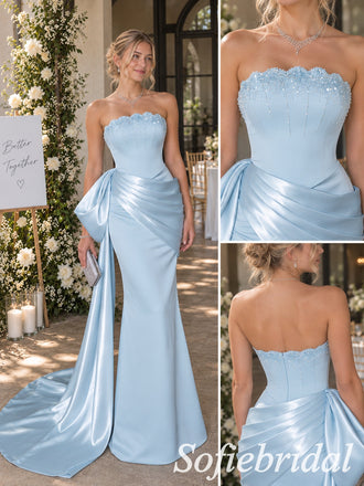 Elegant Sky Blue Satin Strapless Bridesmaid Gown With Beaded Bust And Draped Side Bow, PD4290