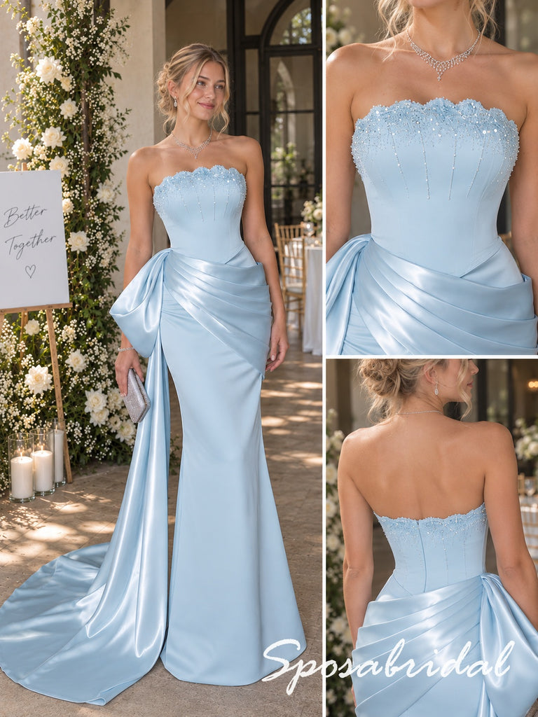 Elegant Sky Blue Satin Strapless Bridesmaid Gown With Beaded Bust And Draped Side Bow, PD4290