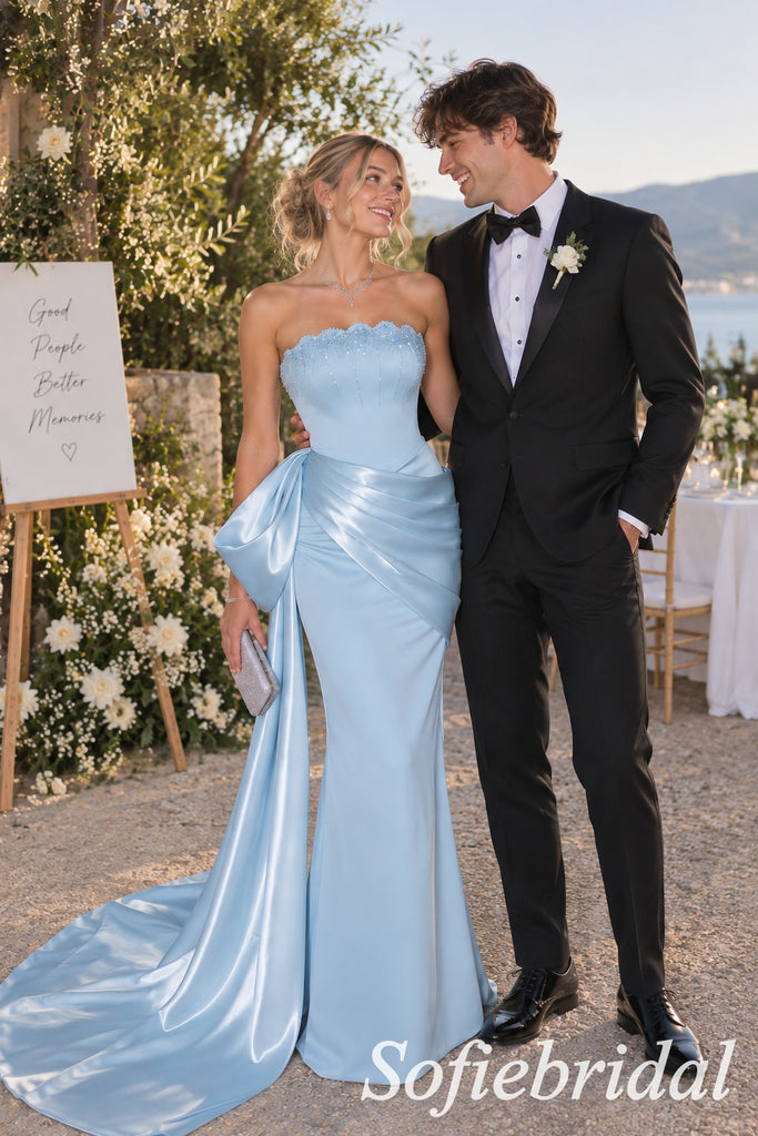 Elegant Sky Blue Satin Strapless Bridesmaid Gown With Beaded Bust And Draped Side Bow, PD4290