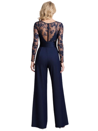 Stylish Navy Blue Lace Long Sleeve Jumpsuit for Mother of the Bride | Pantsuit for Wedding & Special Events, SFM017