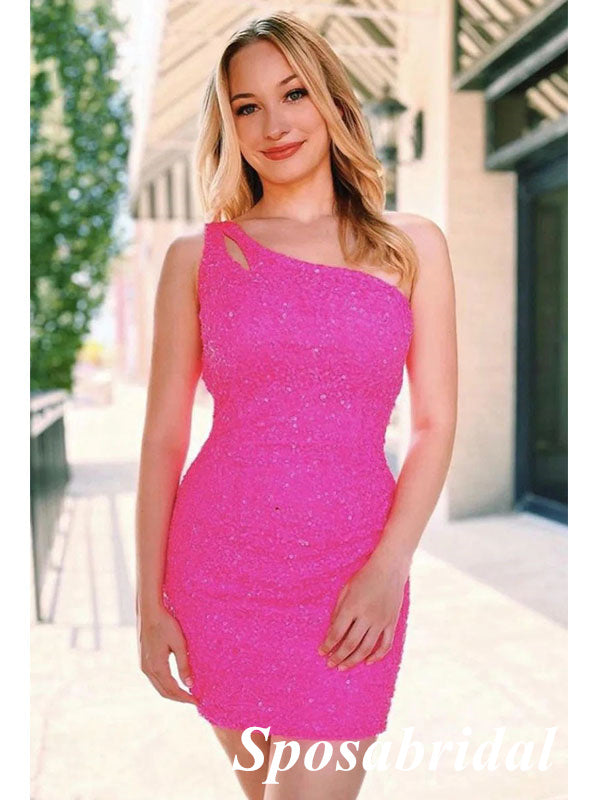 Sarkly Pink Sequin One Shoulder Sheath Mini Dresses/ Homecoming Dresse SposaBridal Sarkly Pink Sequin One Shoulder Sheath Mini Dresses/ Homecoming Dresse SposaBridal