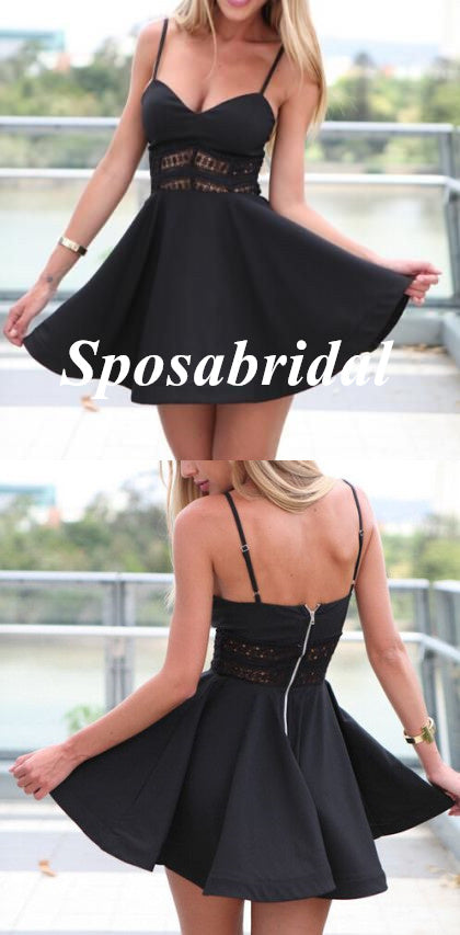 Sexy Black Chiffon Spaghetti Straps V-Neck A-Line Mini Dresses/ Homecoming Dresses With Lace, PD3566