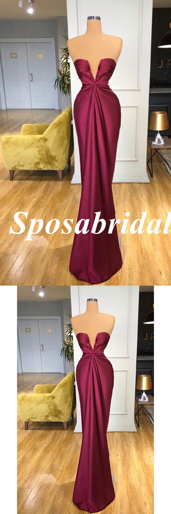 Sexy Soft Satin Sweetheart V-Neck Sleeveless Mermaid Long Prom Dresses, PD3901