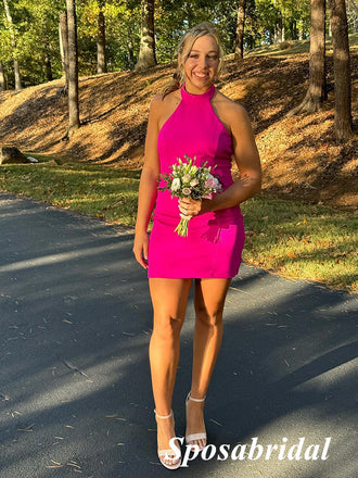 Sexy Gummy Pink Crepe Halter Sleeveless Sheath Mini Dresses/ Homecoming Dresses, PD3607