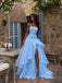 Light Blue Strapless Ruched Chiffon Evening Dress, Tiered Ruffle High Slit Floor Length A-Line Gown,PD4349