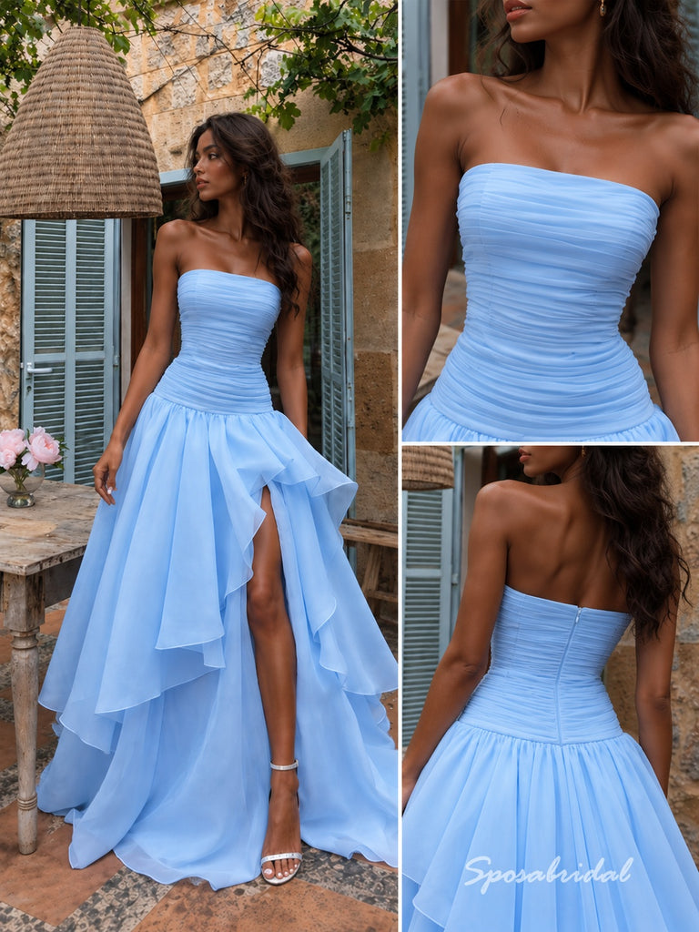 Light Blue Strapless Ruched Chiffon Evening Dress, Tiered Ruffle High Slit Floor Length A-Line Gown,PD4349