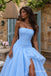 Light Blue Strapless Ruched Chiffon Evening Dress, Tiered Ruffle High Slit Floor Length A-Line Gown,PD4349