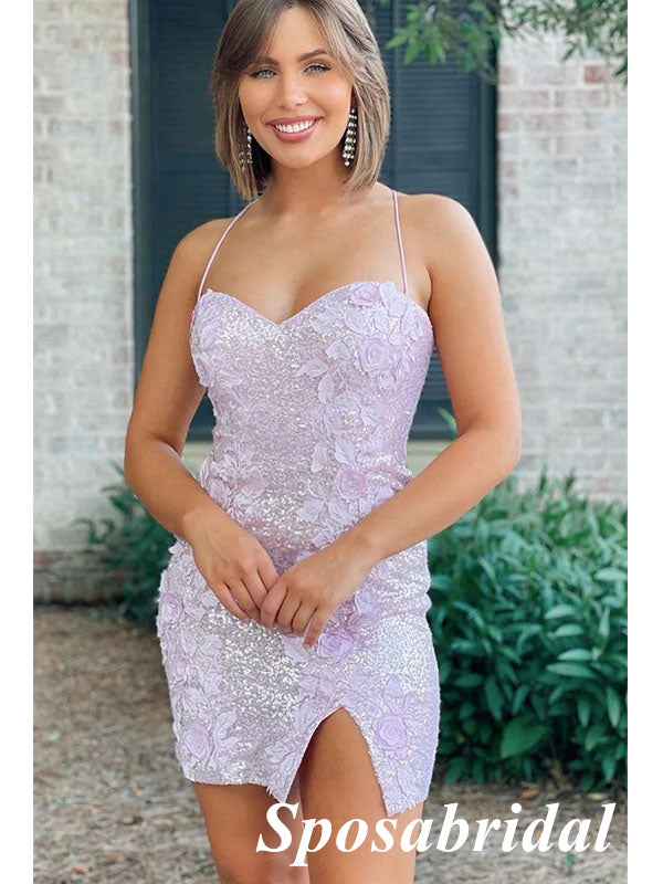 Sexy Lilac Sequin Spaghetti Straps V-Neck Side Slit Sheath Mini Dresses/ Homecoming Dresses With Applique, PD3560