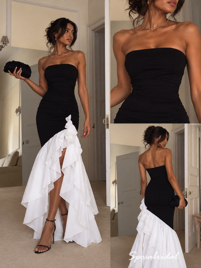 Strapless Two-Tone Mermaid Evening Dress, Ruched Bodice High Slit Ruffle Long Formal Gown,PD4355