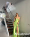 Sexy Green Soft Satin Spaghetti Straps Side Slit Mermaid Prom Dresses With Bow Tie, PD3863