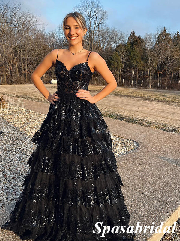 Shiny Black Spaghetti Straps V-Neck Sleeveless A-Line Long Prom Dresse SposaBridal Shiny Black Spaghetti Straps V-Neck Sleeveless A-Line Long Prom Dresse SposaBridal