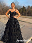 Shiny Black Spaghetti Straps V-Neck Sleeveless A-Line Long Prom Dresses,PD3952