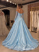 Light Blue Off Shoulder Lace Long Sleeve Satin Ballgown Prom Dress, Corset High Slit Formal Evening Gown, PD4373