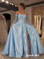 Light Blue Off Shoulder Lace Long Sleeve Satin Ballgown Prom Dress, Corset High Slit Formal Evening Gown, PD4373