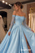 Light Blue Off Shoulder Lace Long Sleeve Satin Ballgown Prom Dress, Corset High Slit Formal Evening Gown, PD4373